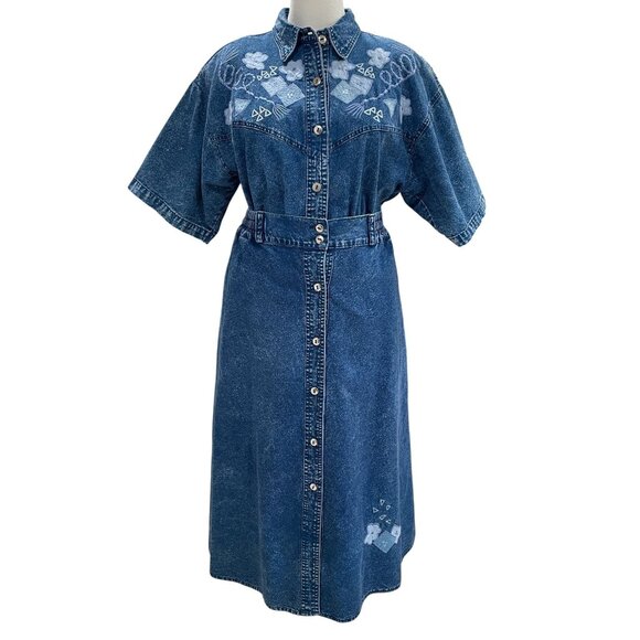 Vintage Pearl River Denim Skirt Set Acid Wash Floral Embroidered Cottagecore L - Picture 5 of 10